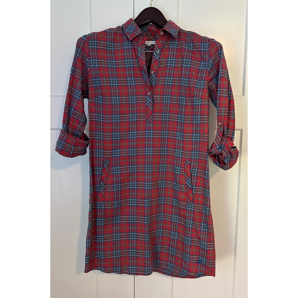 Southern Tide Womens Red Blue Plaid Long Sleeve Button Tab Shirt Dress Small